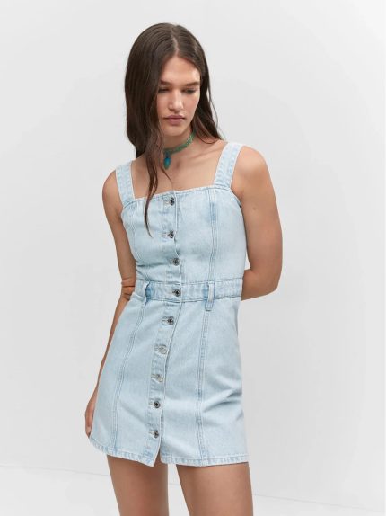 Mango Button Denim Dress Light Blue Minidress